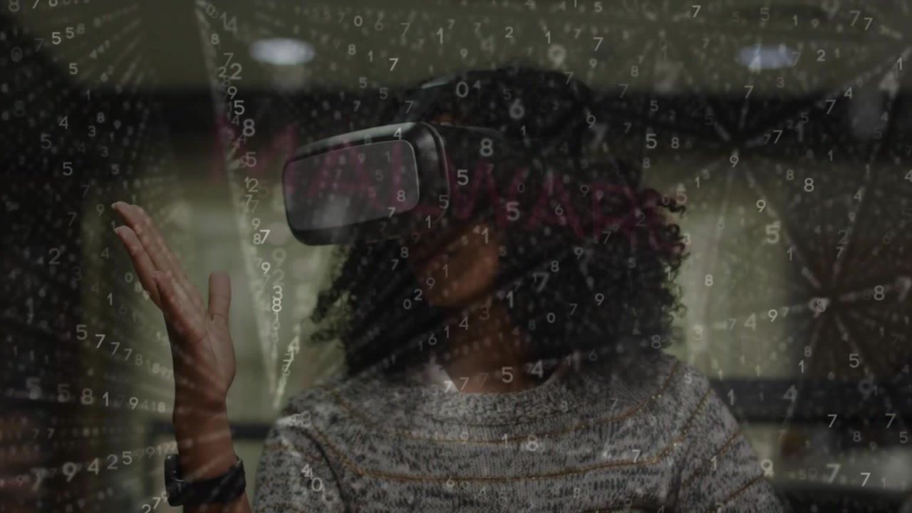 Tech worker in VR headset raising finger selecting data, pinching and swiping, navigating overlay