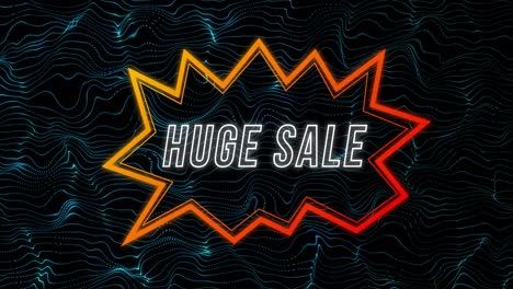 Animation-of-huge-sale-text-in-speech-bubble-over-wave-pattern-against-black-background