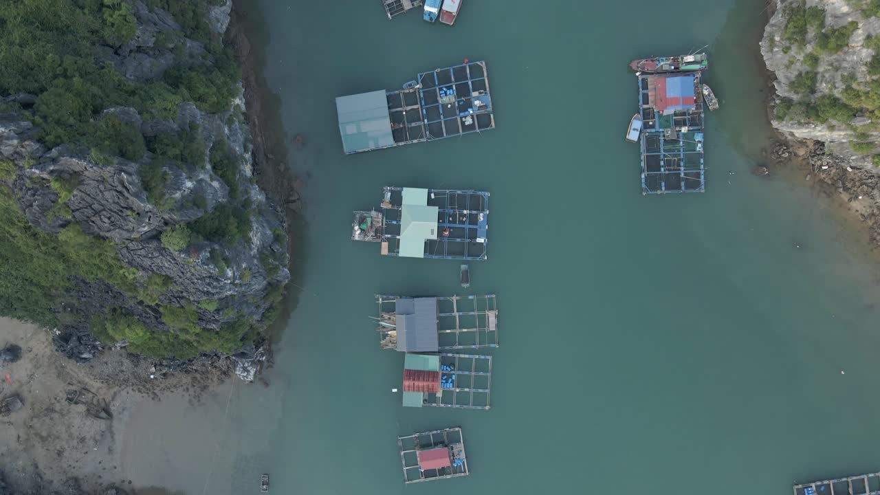 베트남 하롱 베이에 있는 수상 마을 물고기 연못의 조감도