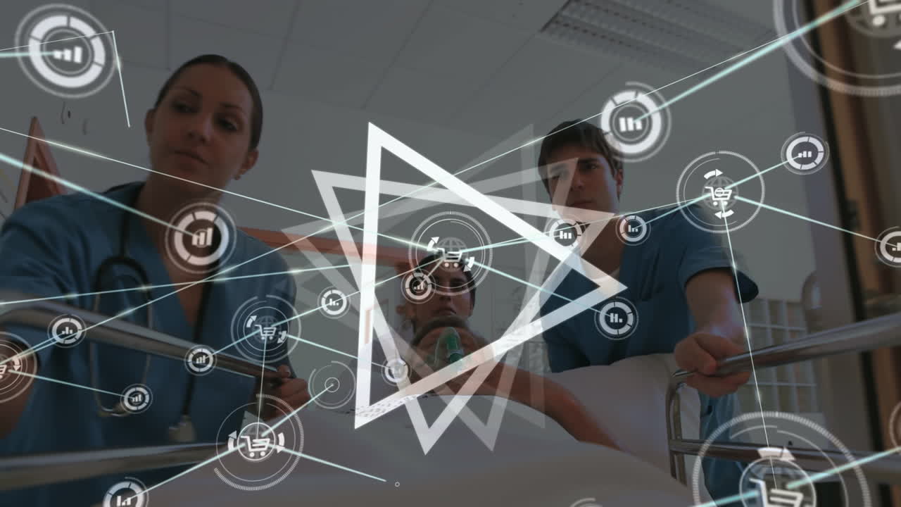 animación de conexiones sobre diversos médicos femeninos y masculinos tirando de la cama con el paciente