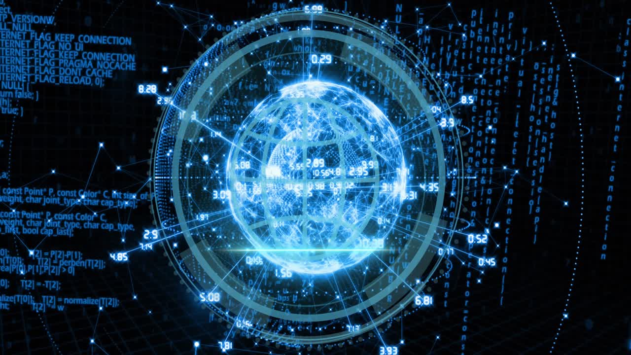 animación de globo con números que giran sobre códigos binarios y lenguaje informático