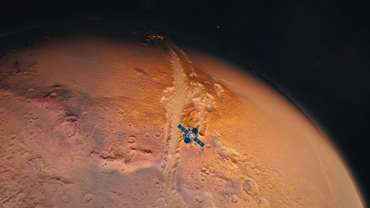 Establishing Shot of Mars, The Red Planet, with an Orbiting Satellite