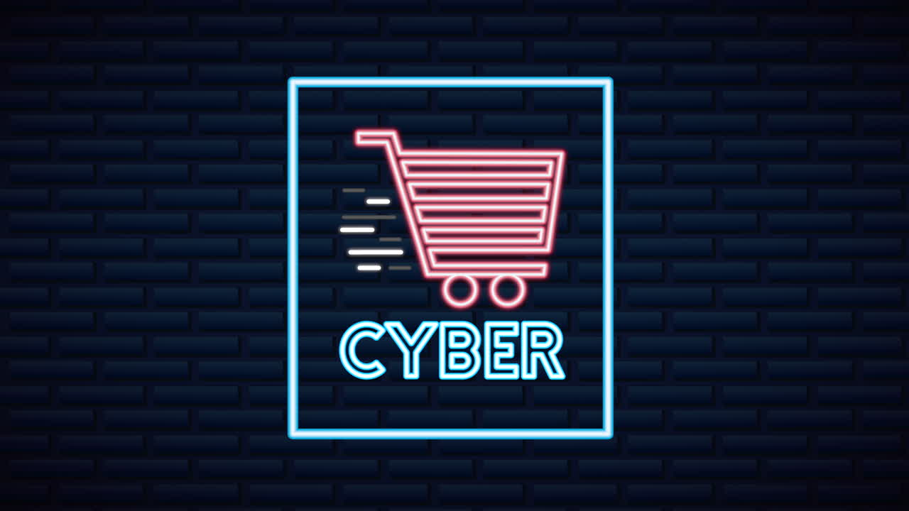 cyber lunes luces de neón animación con carrito de compras