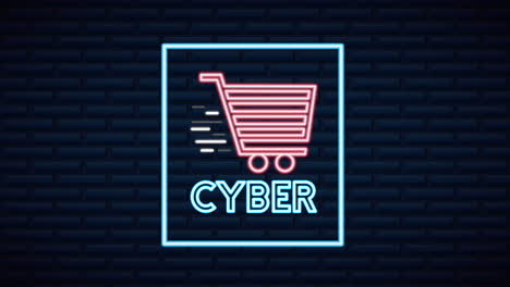 cyber monday neon lights animation with shopping cart