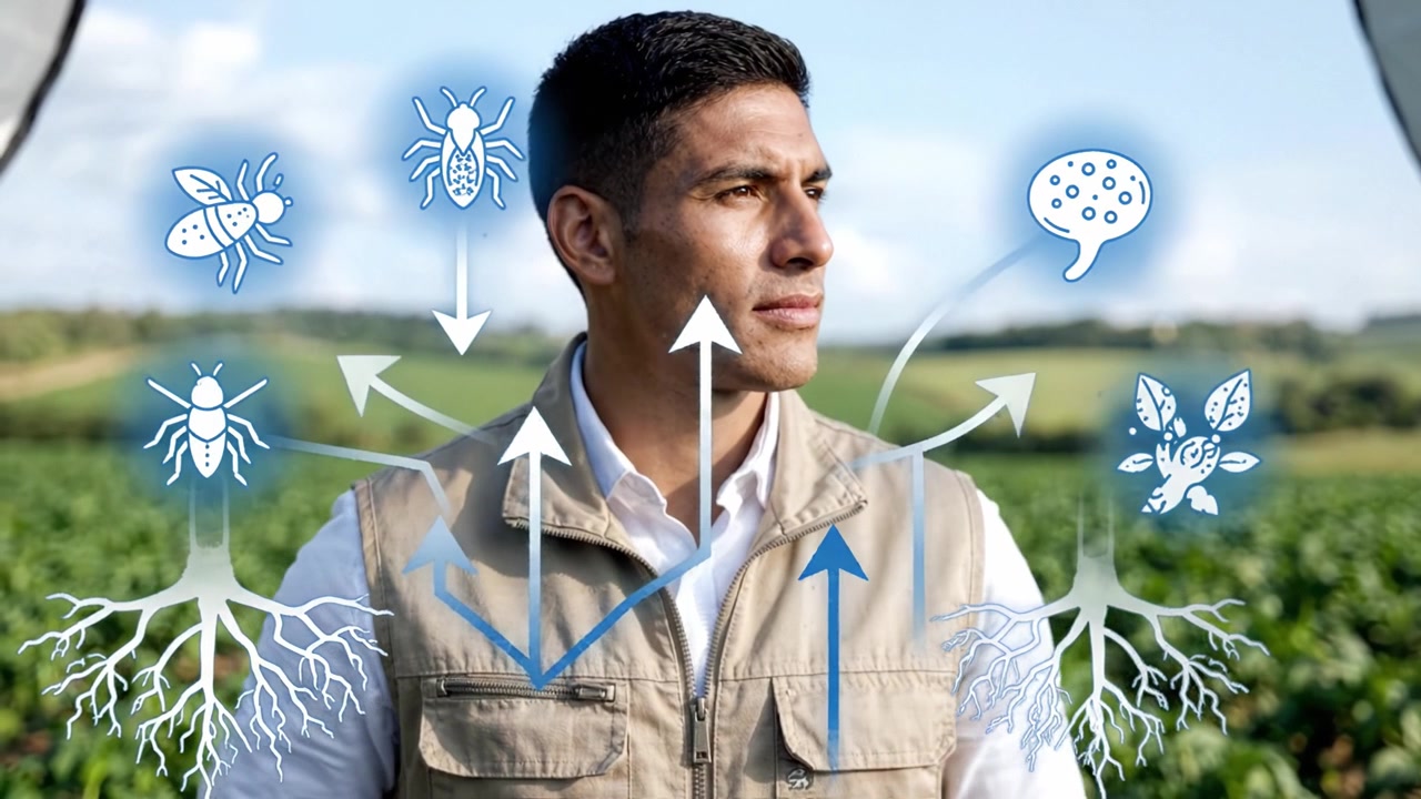 Un sostenitore dell'agricoltura pensieroso in piedi in un campo verde lussureggiante, che illustra le connessioni tra natura e pratiche agricole sostenibili