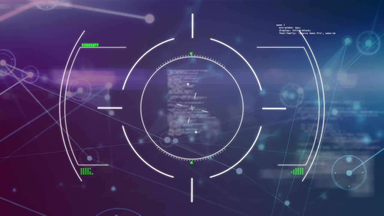 Animation of viewfinder, connections and data processing on navy background