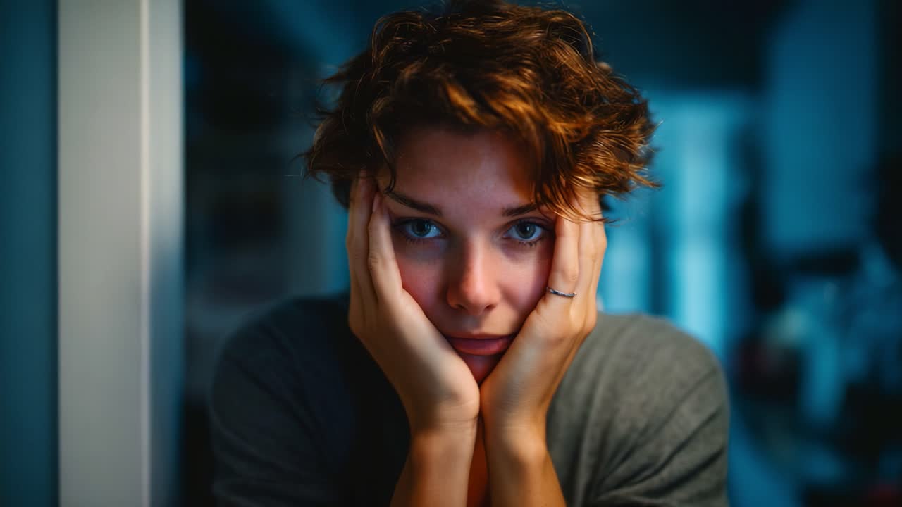 A contemplative individual appears lost in thought, their hands framing a face marked by expression and introspection, in a softly lit room that suggests emotional depth