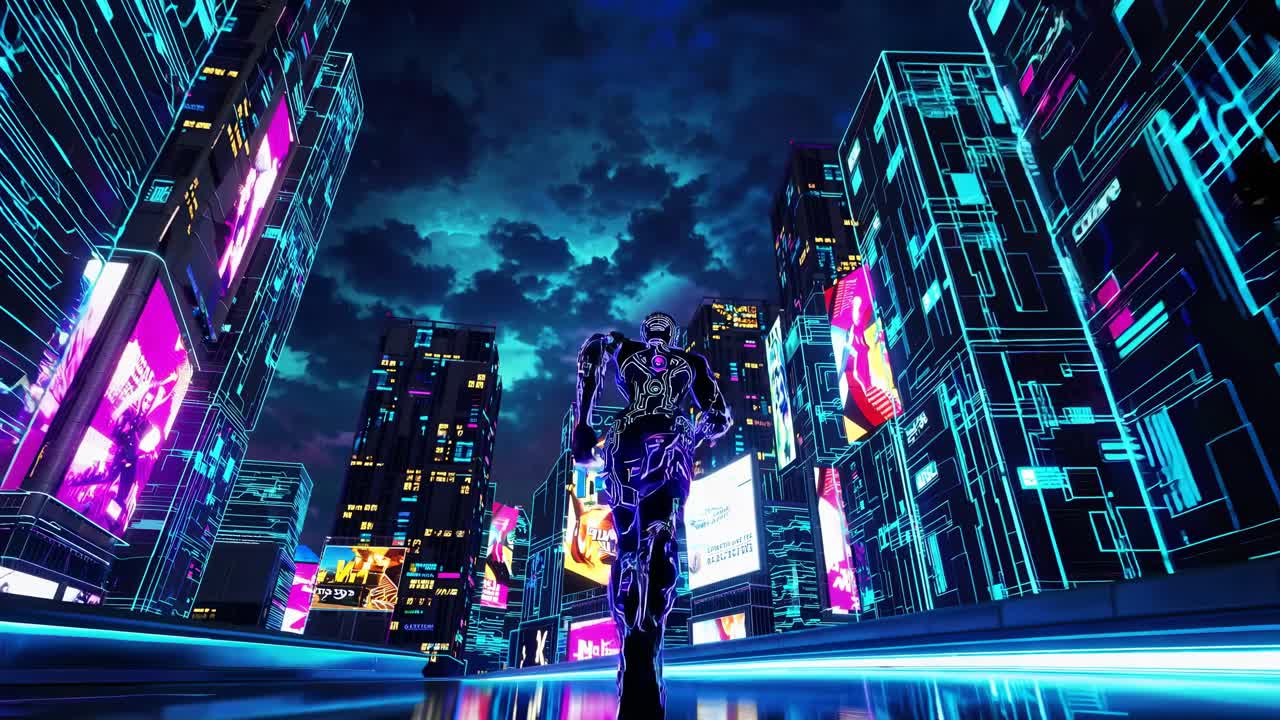 Cyberpunk Cityscape with Animated Figure