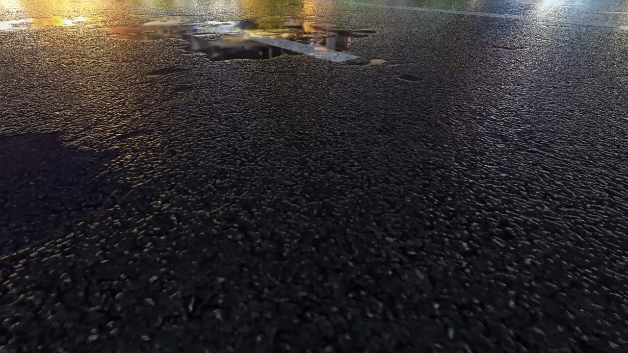 3D Heavy Rain Hitting Road At Night - 4K Realistic Rain Particle (Loopable) - Rainy Day on a colorful street with traffic - Wet Road At Night - Low angle shot of in the rain - Rainfall And Reflection On Road - Loopable Moving Image - Turkey - istanbul