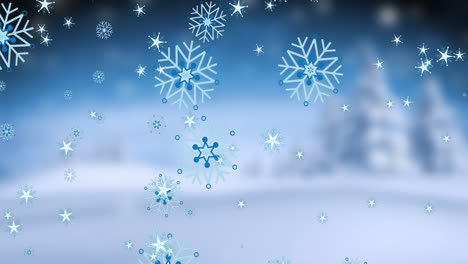 animation of christmas snowflakes falling in winter landscape