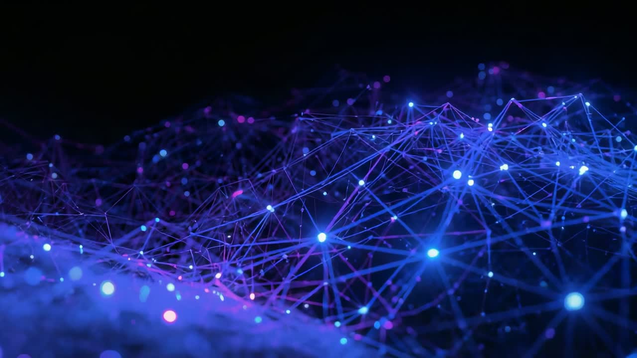 Advancing camera bringing glowing mesh into clearer focus at dark void, pulsing nodes and lines