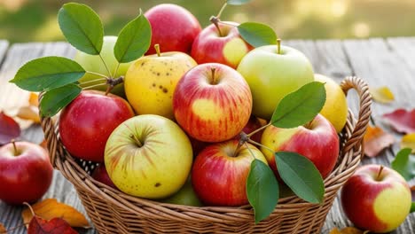 A Beautiful Display of Freshly Harvested Apples Gathered in a Rustic Basket Surrounded by Autumn Leaves, Highlighting the Vibrant Colors and Natural Beauty of the Fruit