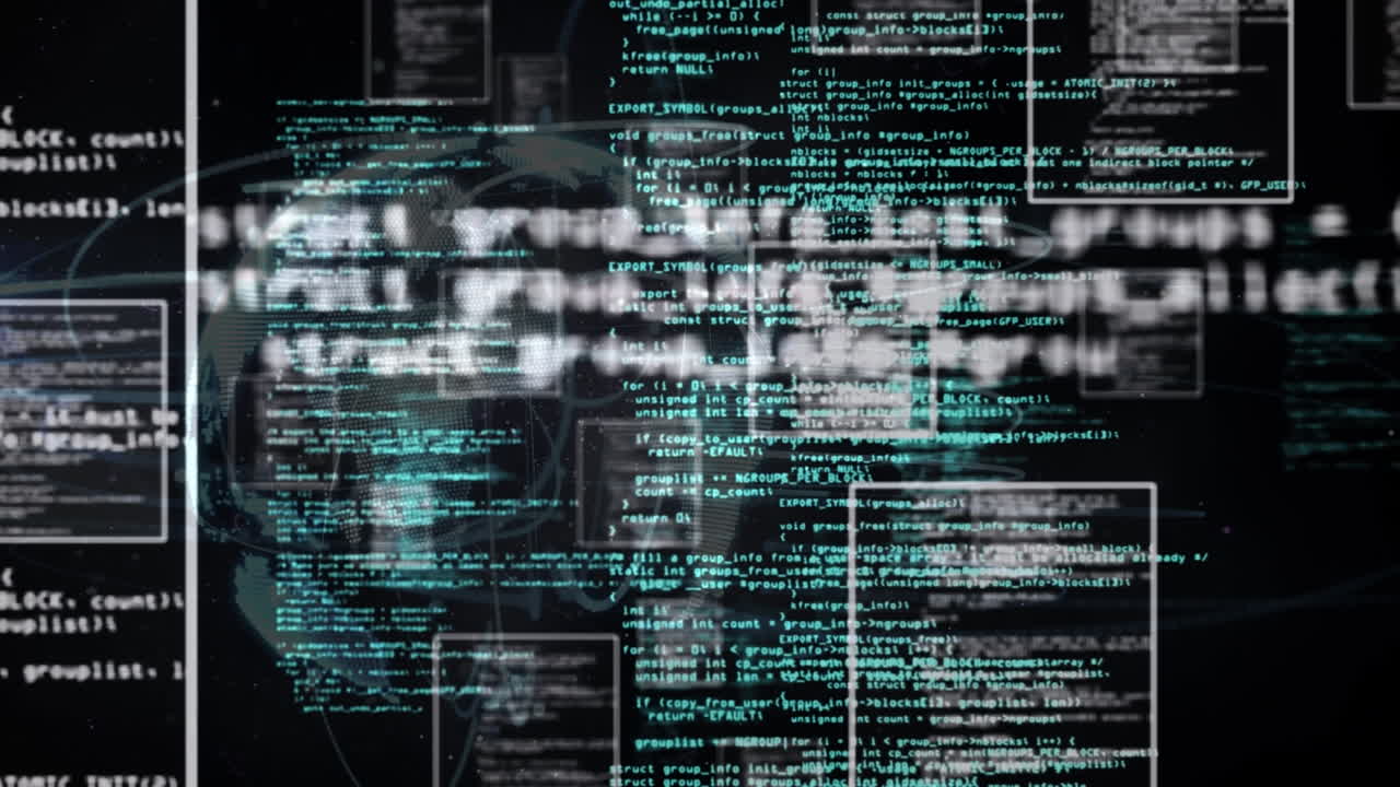 Digital animation of data processing over computer code and data processing on blue background