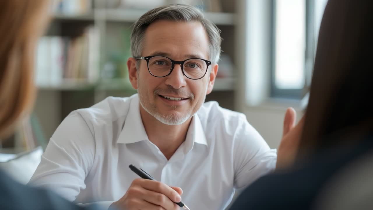 Meeting starting, advisor leaning forward smiling, pointing at document and writing notes in office