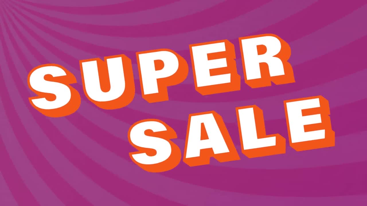 animación del texto de super venta con patrón de rayo de sol sobre fondo púrpura