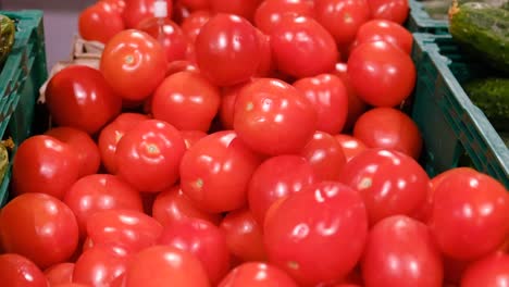 tomatoes in the market in boxes, close up panning on a big pile of red fruits. village movement of the camera