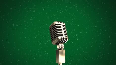 Animation-of-microphone-over-white-spots-in-seamless-pattern-on-green-background-with-copy-space