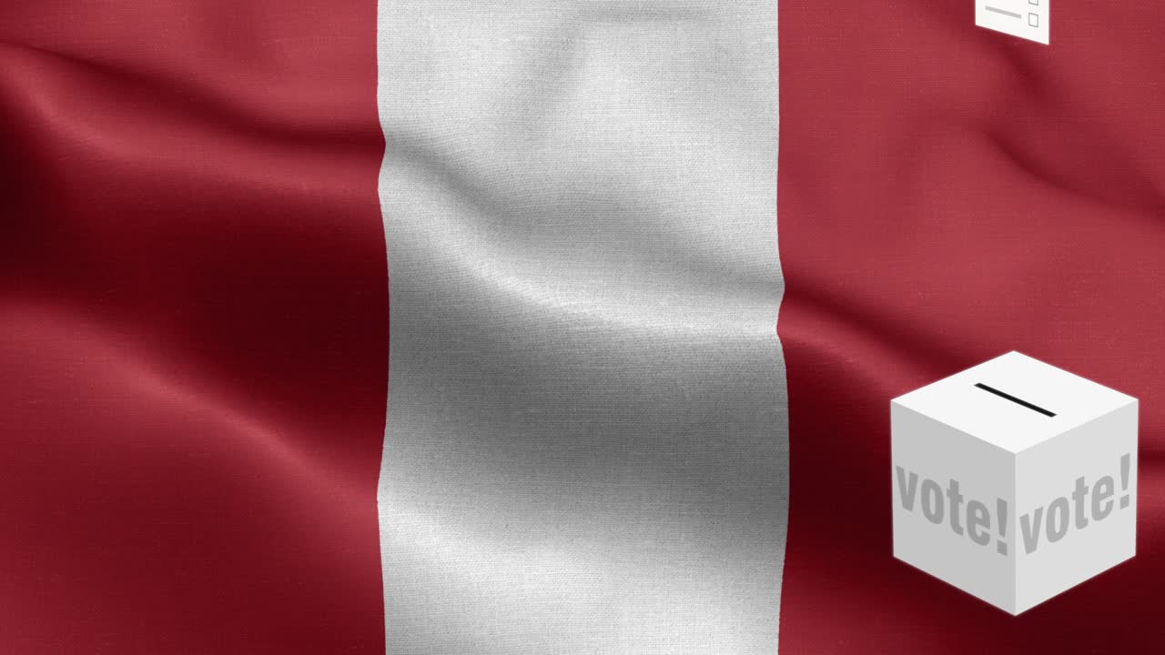 las boletas vuelan a la caja para la selección de perú - caja de votación frente a la bandera - elección - voto - bandera de perú - bandera de peru alto detalle - bandera nacional de perú patrón de ondas elementos loopables - textura de tela y bucle sin fin