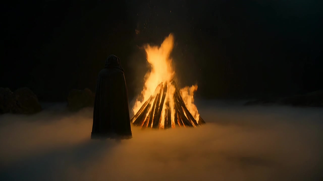 Standing hooded cloak figure watching bonfire intensifying at night in fog, with embers, copy space
