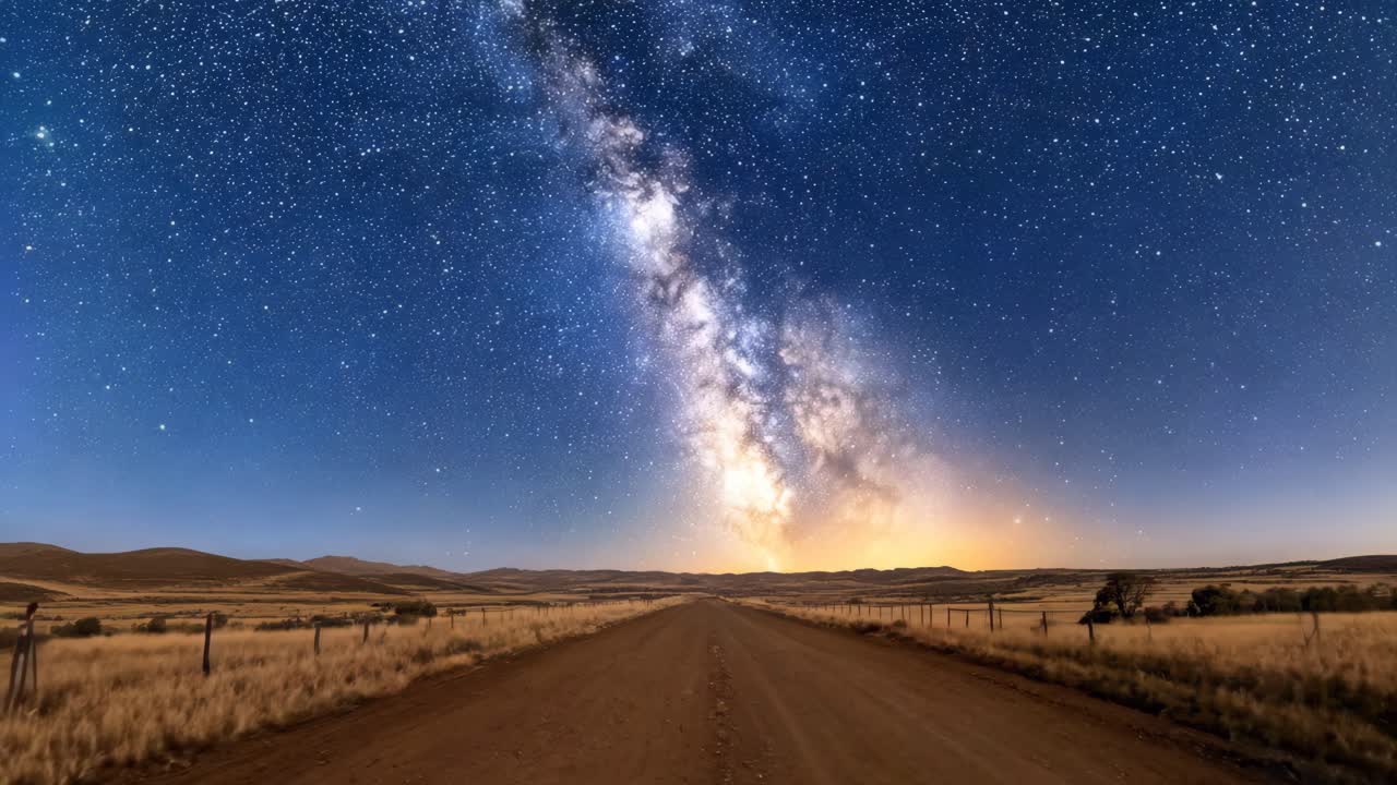 A long road with a large white cloud of milk in the sky. The sky is dark blue and the stars are visible