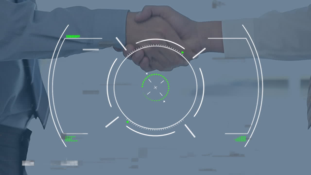 Animation of scope scanning and data processing over businessman handshake