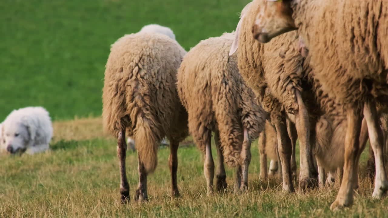 Due pastori maremmani che pascolano nel prato con un gregge di pecore in corsa