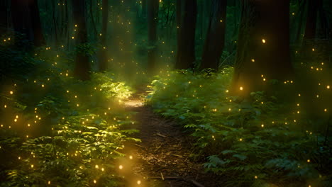 a serene wooded path illuminated by soft lights