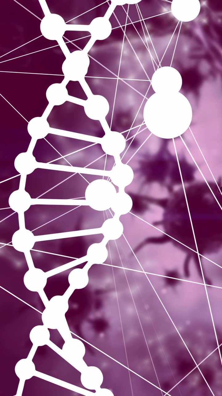 Video vertical: Al reproducirse, una hélice de ADN pulsa y se balancea mientras un par de nodos se mueve para mostrar una red molecular.