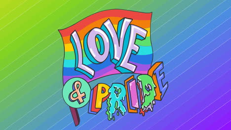 animation of love and pride text and flag over rainbow stripes