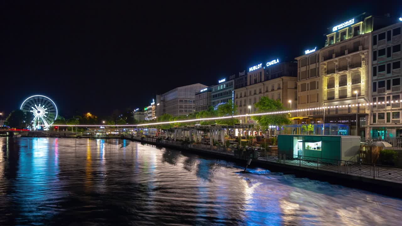 ночное освещение центр города женевы речное озеро фонтан парк колесо панорама 4k timelapse швейцария