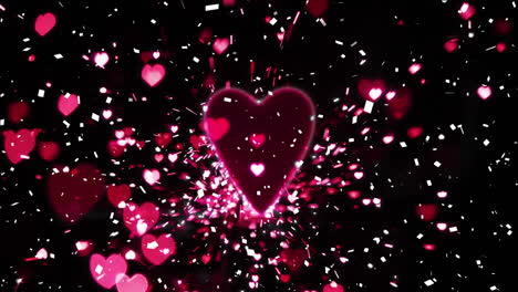 animación de múltiples corazones rosados y confeti cayendo sobre un fondo negro