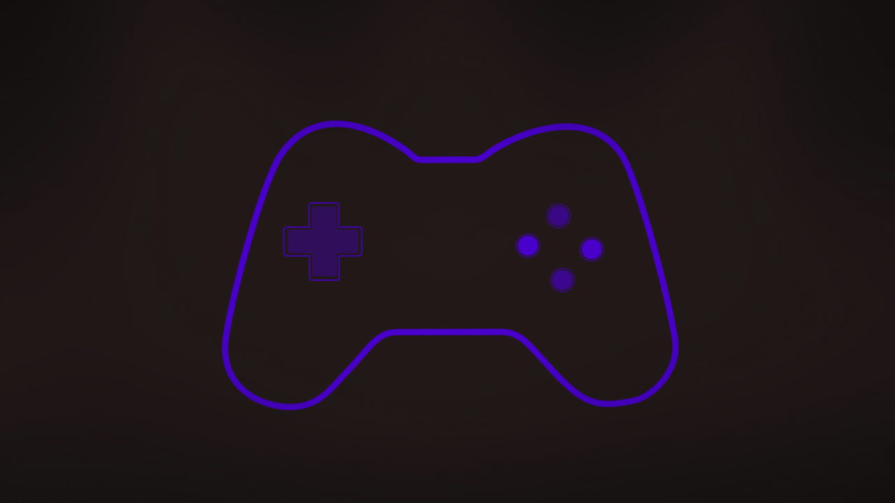 어두운 배경에 반이는 네온 보라색 게임 컨트롤러 윤