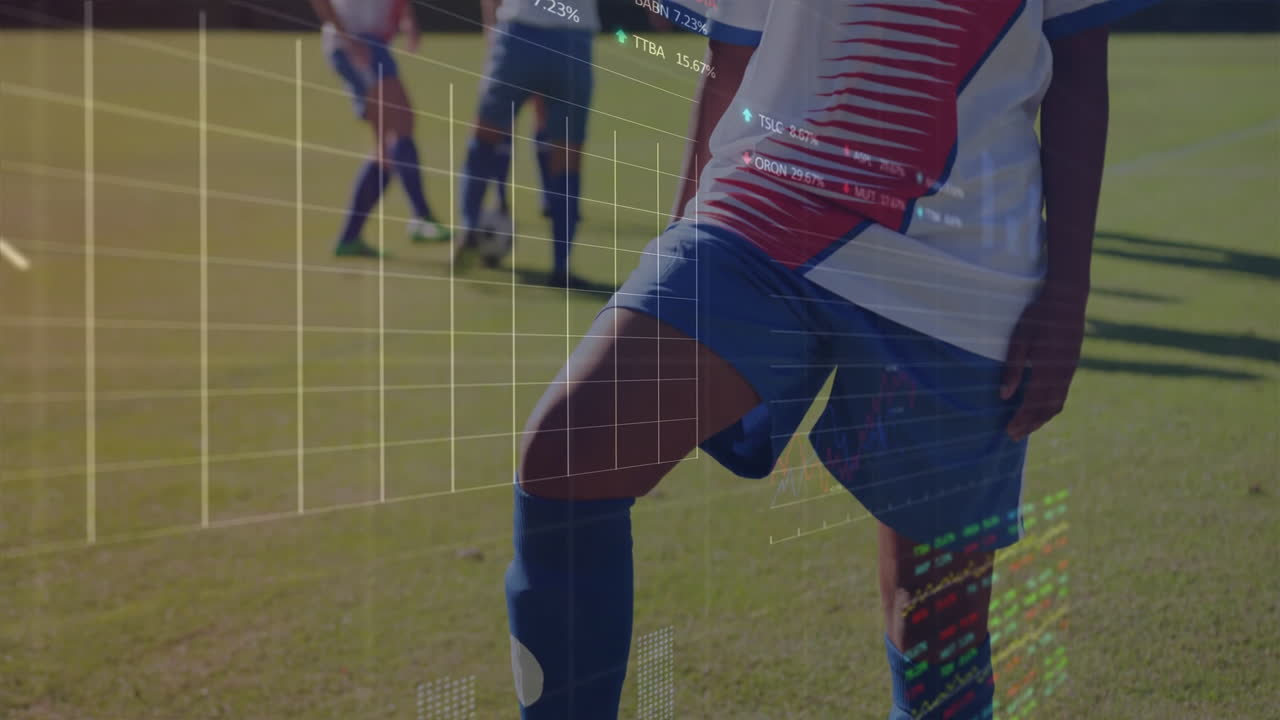 Female players practicing on field, overlaying finance graphs with bar charts and percentage data