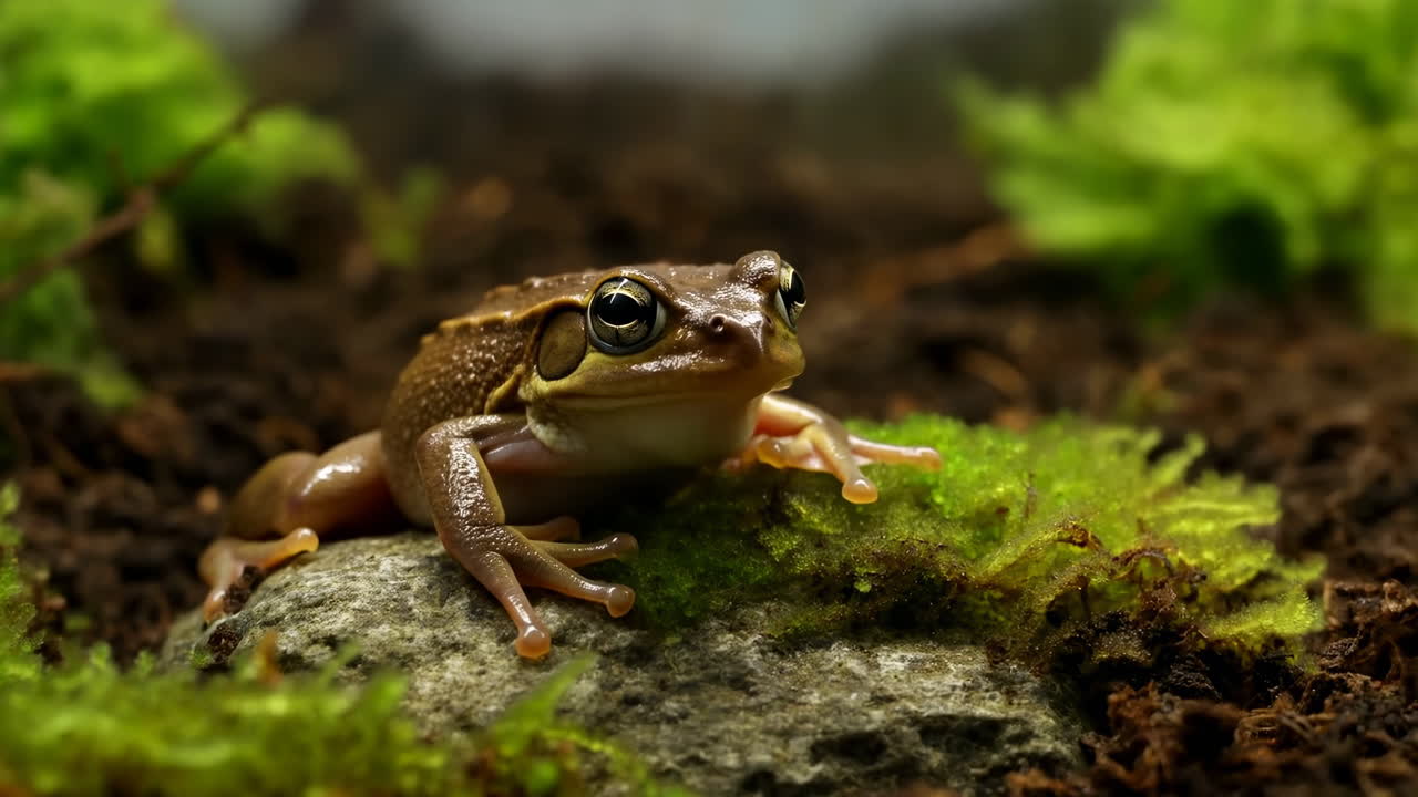 Close Up Brown Frog On Moss, Cinematic Macro Footage Of Amphibian Perched On Rock, Moist Forest Floor,