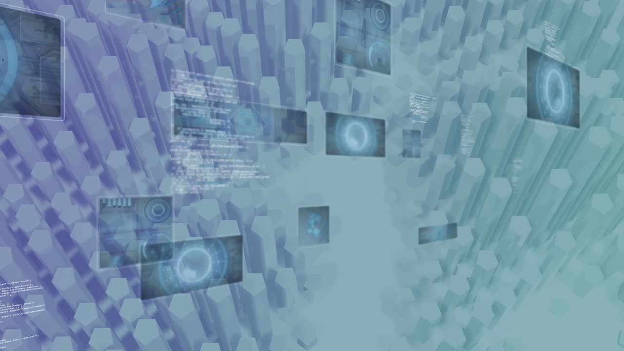 animación de texto de 6g con ámbitos y procesamiento de datos en pantallas sobre bloques 3d en movimiento