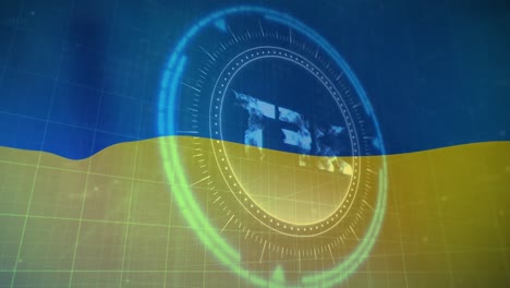 animation of scope scanning and nft symbol over flag of ukraine