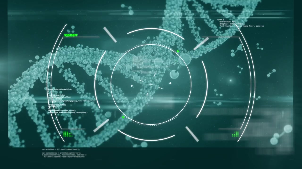 Animation of science data processing over screens on dark background
