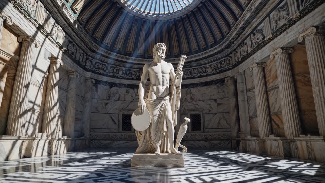 Majestic statue in a grand rotunda, captured from a low angle