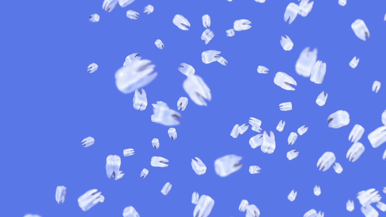 파란색 바탕에 많은  이빨을 날아. 치과 관리 개념. 치아 회전의 3d 애니메이션. 루프 애니메이션.