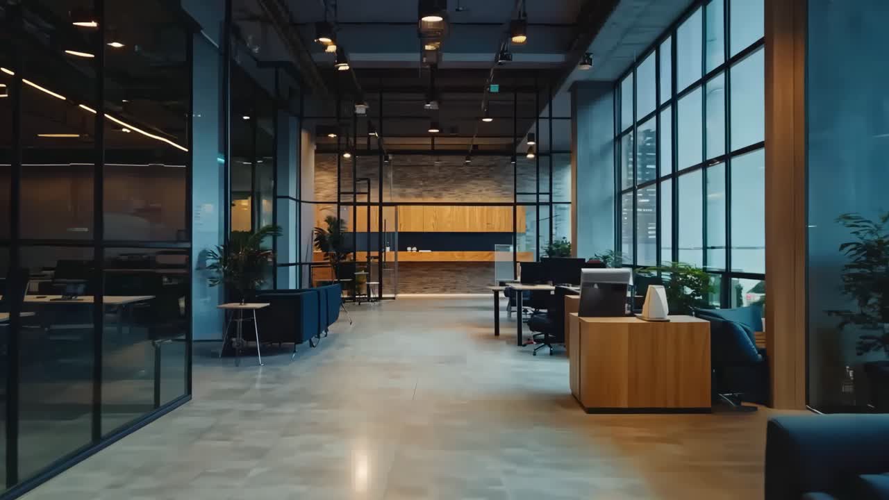 파란색 소파와 테이블이 있는 큰 오픈 플랜 사무실 공간