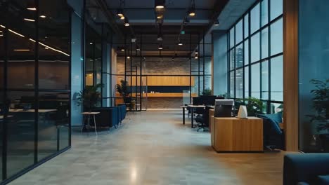 a large open plan office space with blue couches and tables