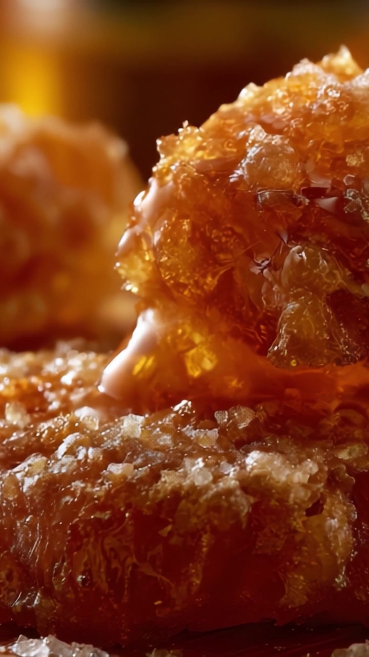 Indulgent Close-up of Golden Honeycomb with Glimmering Sweetness Showcasing the Rich Texture and Natural Delicacy of Bee Produce Enhancing Culinary Delights