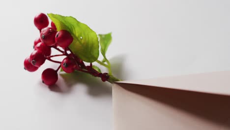 video of christmas decorations with holly red berries and envelope on white background