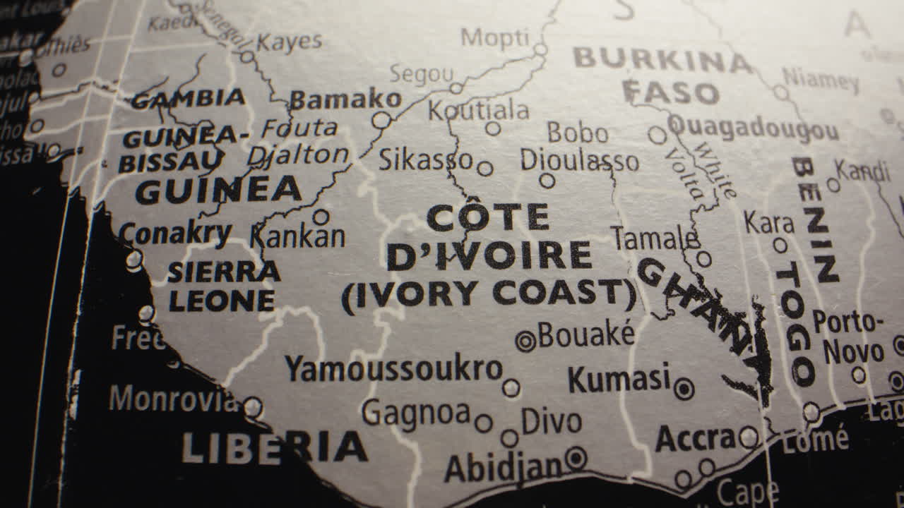Close-up map of Côte d'Ivoire (Ivory Coast) and surrounding West African countries