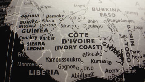 close-up map of côte d'ivoire (ivory coast) and surrounding west african countries