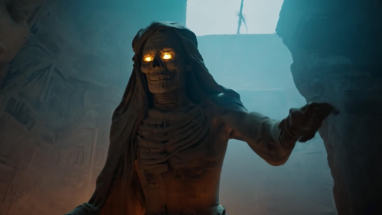 un esqueleto con ojos brillantes en una antigua tumba