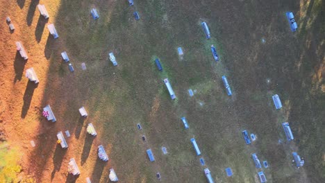 Ascending-overhead-shot-of-tombstones-in-a-cemetary