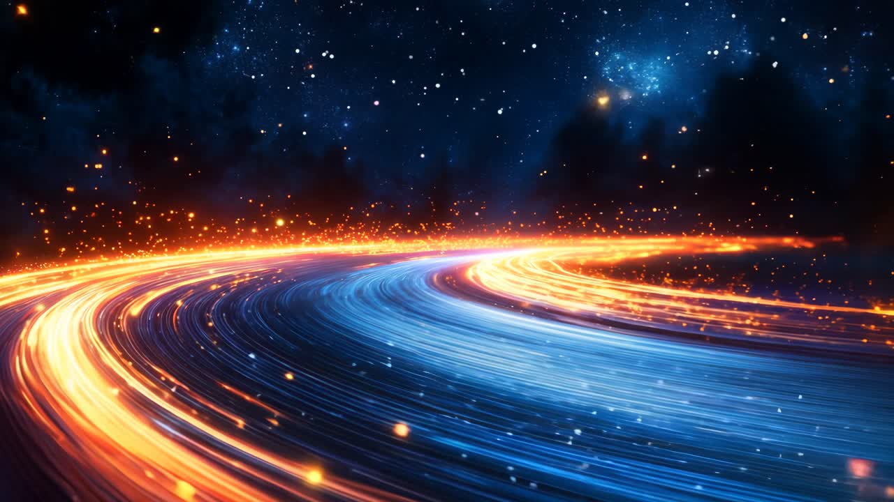 A bright orange line of light is shown on a dark blue background. The orange line is moving across the sky, creating a sense of motion and energy. The contrast between the bright orange