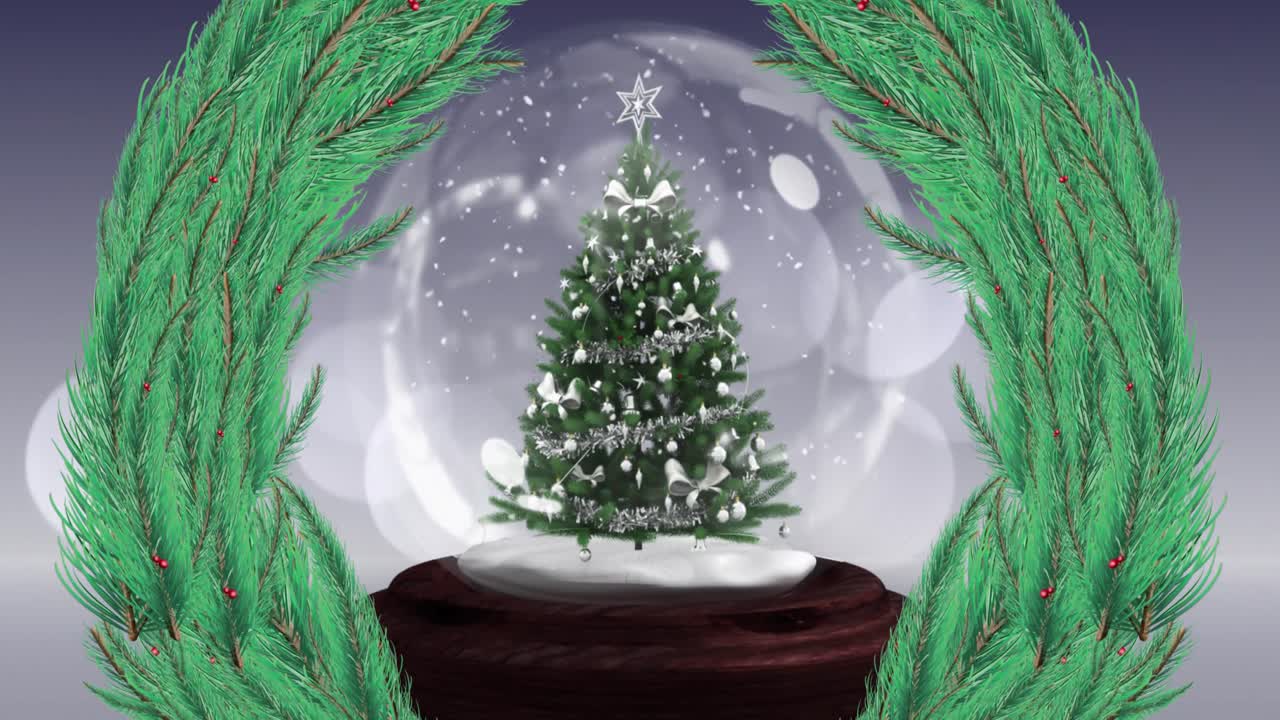 Animation of snow falling over christmas decoration with fir tree wreath