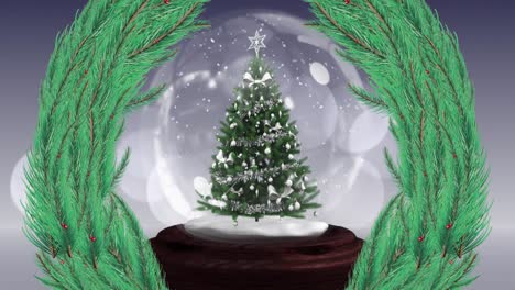 Animation-Von-Schnee,-Der-über-Weihnachtsdekoration-Mit-Tannenbaumkranz-Fällt